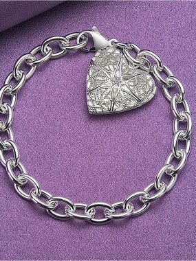 925 Silver Heart Locket Charm Chain Bracelet - Silver